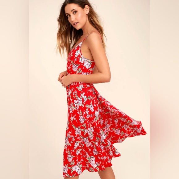 Lulus Esperanza Red Floral Midi Dress M Sleeveless Fit & Flare ❤️🌼❤️ - Picture 3 of 9